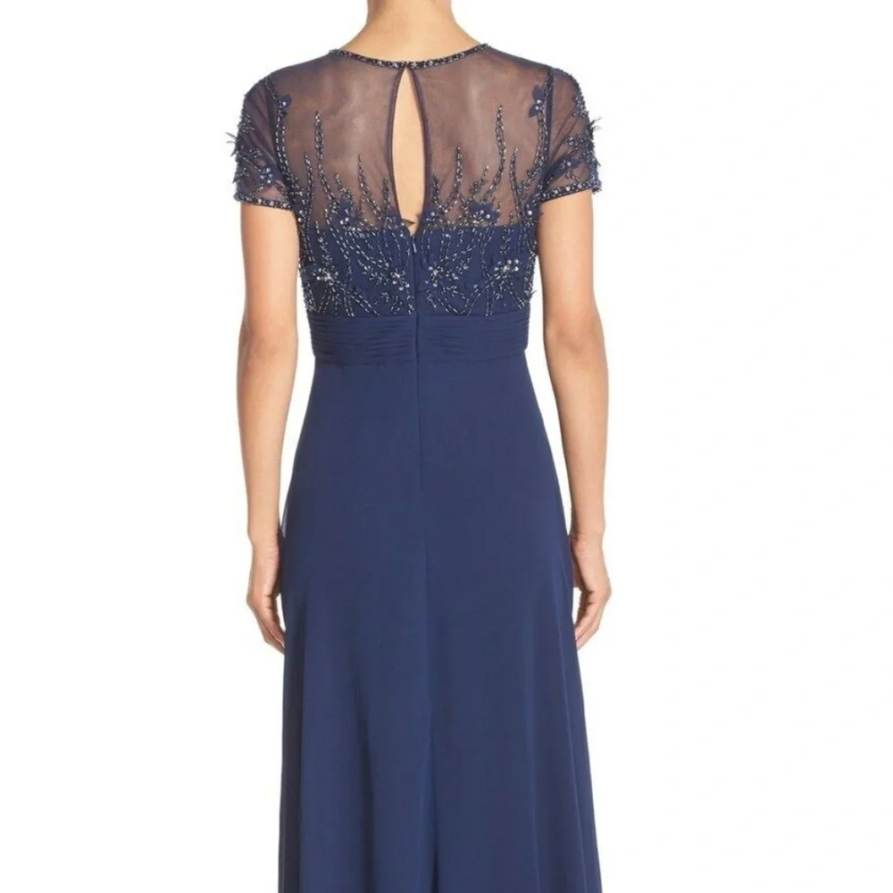 NWT JS Collections [ 0 or 2 ] Embellished Mesh & Chiffon‎ Gown in Navy Blue